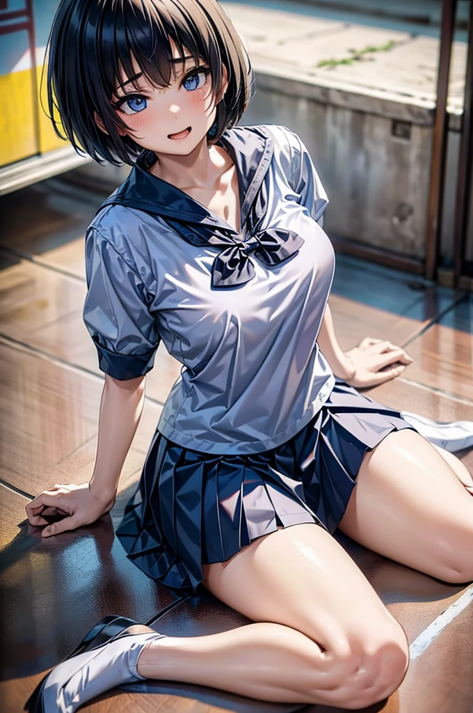 Tomboy girl wearing a Thai school uniform, Undercut hair like a boy but the body has curves that look sexy like a woman, making an ahegao face, sitting on the floor looking up.