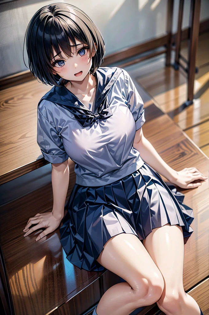 Tomboy girl wearing a Thai school uniform, Undercut hair like a boy but the body has curves that look sexy like a woman, making an ahegao face, sitting on the floor looking up.