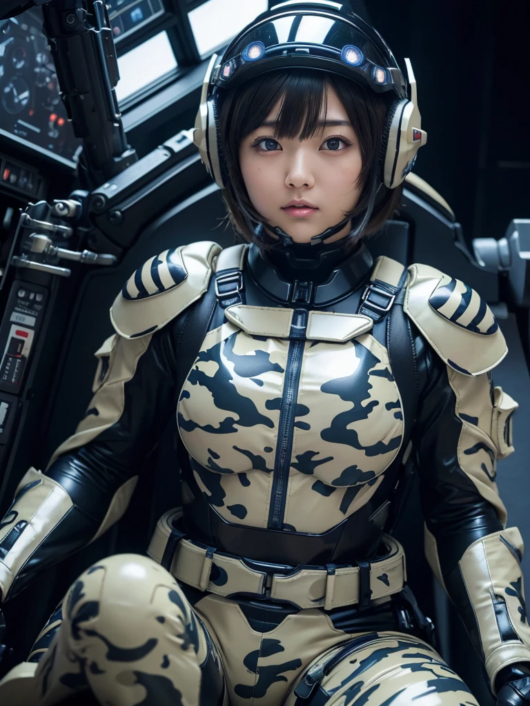 masterpiece, Highest quality, Very detailed, Japanese Android girl, Beautiful 2 Japanese woman, Plump,Slightly thicker,Control panel,Android,cyborg,Blunt bangs,Sitting in the cockpit and piloting,Camouflage pattern combat suit,Thick harness belt,Full-face helmet