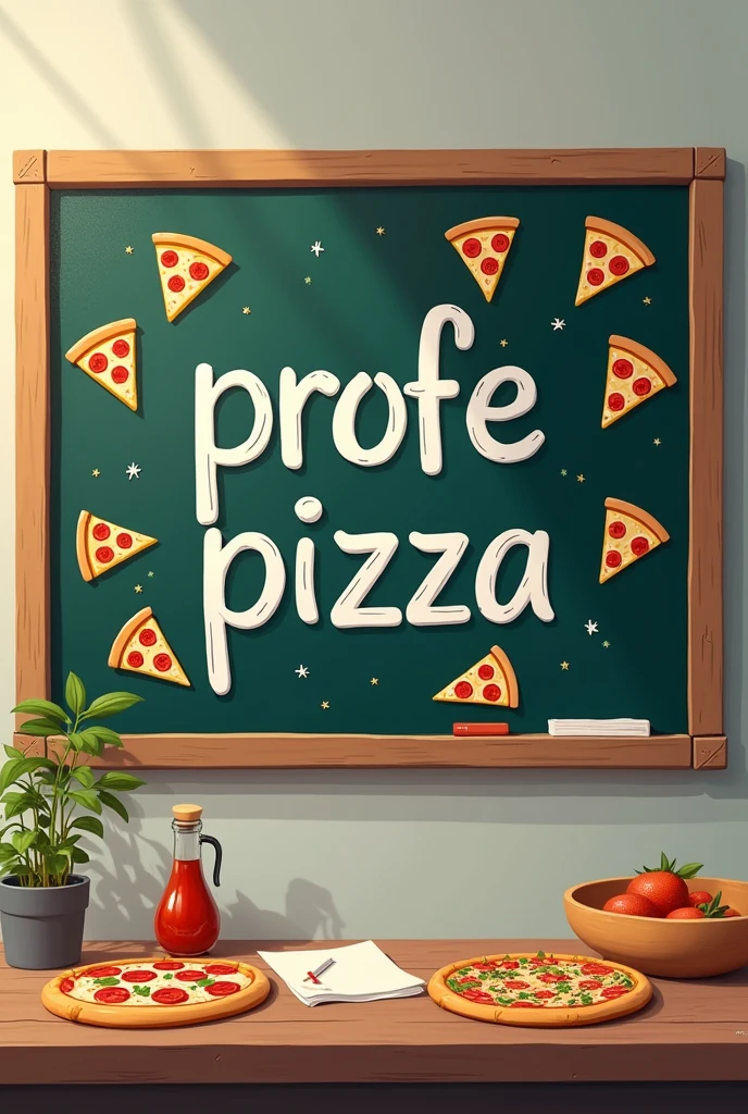 the phrase Profe pizza written in Spanish on a blackboard with some pizzas around