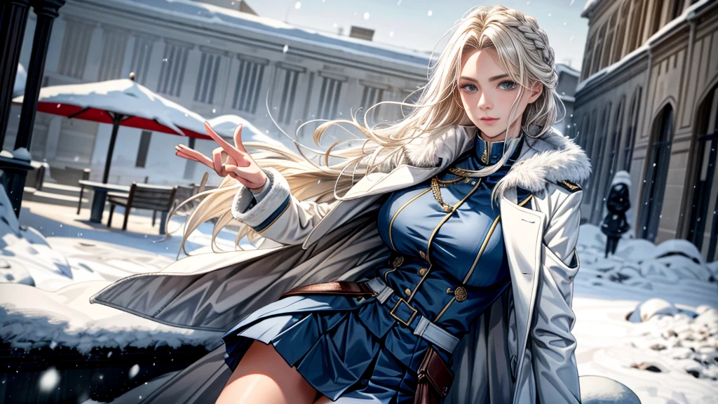 (highest resolution, distinct_image), realistic, Best quality, single person, one girl, solo, masterpiece, highly detailed, realistic, long hair, braided white blond hair, (blue military uniform underneath the coat), depth of field, (falling snow), ((big breasts)), authoritative, dignified, calm and powerful expression, ambient lighting, exquisite facial feature, (fur-trimmed white coat), open coat, short skirt, looking at viewer, head to waist, dynamic angle, light smile, ((from front)), ((quiet and spacious plaza in background))