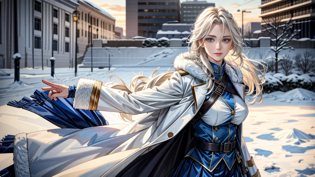 (highest resolution, distinct_image), realistic, Best quality, single person, one girl, solo, masterpiece, highly detailed, realistic, long hair, braided white blond hair, (blue military uniform underneath the coat), depth of field, (falling snow), ((big breasts)), authoritative, dignified, calm and powerful expression, ambient lighting, exquisite facial feature, (fur-trimmed white coat), open coat, short skirt, looking at viewer, head to waist, dynamic angle, light smile, ((from front)), ((quiet and spacious plaza in background))