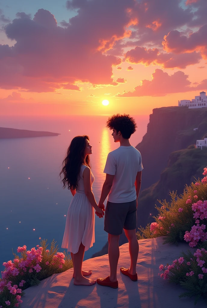 The image shows Liv and Theo standing on a cliff in Santorini at sunset.. Liv, with a calm expression, Theo, Next to you, smile encouragingly. Ao fundo, there is a mystical vision of Atlantis. They are holding hands. over the horizon, a trail is formed, suggesting the future Liv chose, as flowers bloom along the way, symbolizing new possibilities. With stars in the sky. SHE DOESN'T LIKE DRESSES. Theo he is black with curly hair