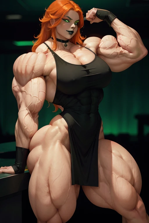 ((Close view)), tall, orange haired woman, long shaggy hair, pale white skinned, (closed smile), ((black lipstick)), ((massive muscles)), (hyper muscle), ((ginormous bulky muscles)), ((glowing green eyes)), (black tight dress), choker, high heels, (in a sports bar)
