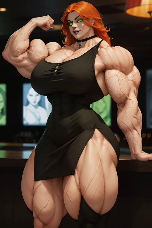 ((Close view)), tall, orange haired woman, long shaggy hair, pale white skinned, (closed smile), ((black lipstick)), ((massive muscles)), (hyper muscle), ((ginormous bulky muscles)), ((glowing green eyes)), (black tight dress), choker, high heels, (in a sports bar)