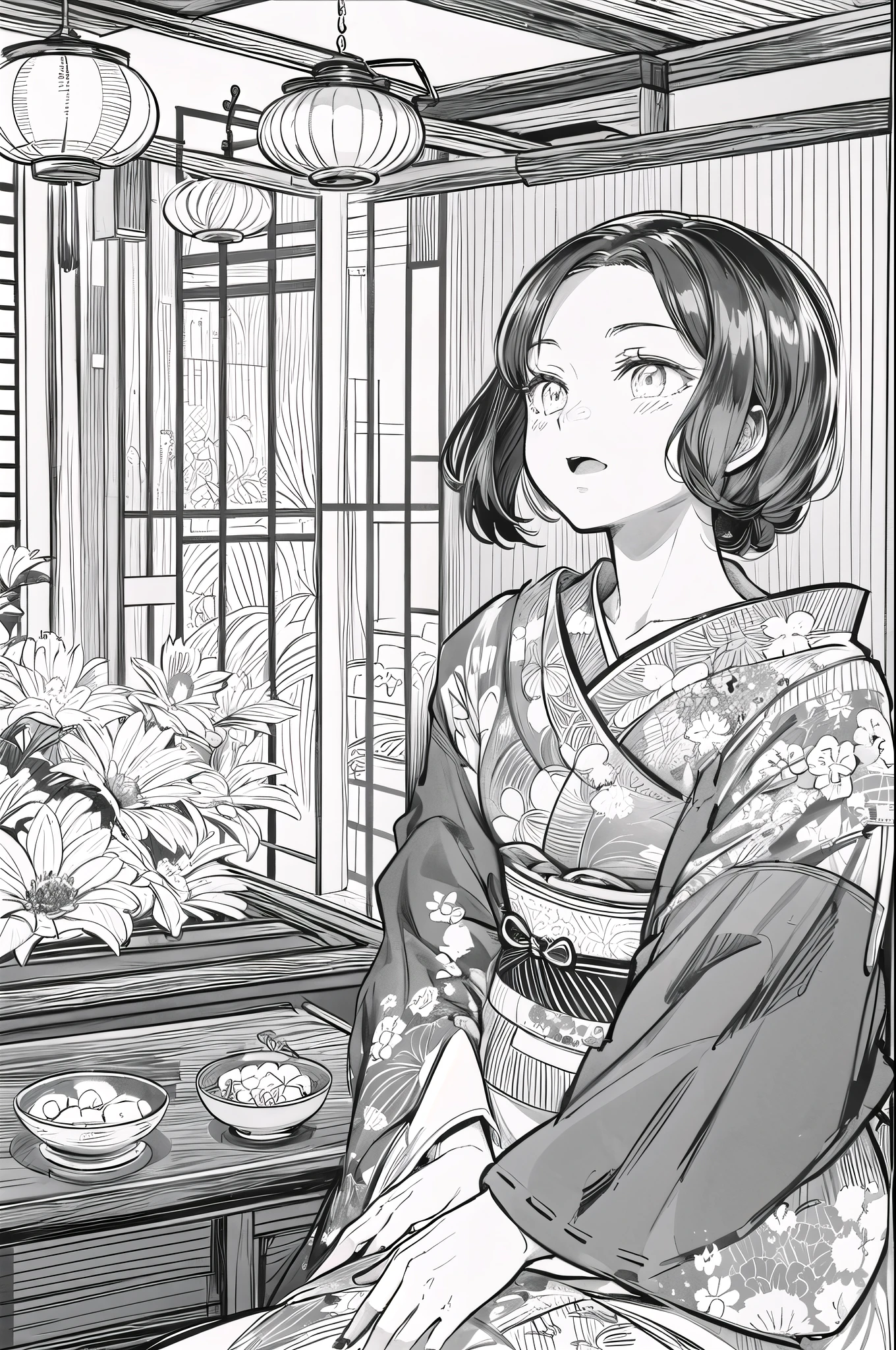 (high contrast, sketch, monochrome, clean line drawings for coloring book:1.3), Depicting a realistic and cute ukiyo-e illustration of a woman in a kimono that conveys Japanese culture. The illustration is a illustration with detailed facial features and cartoon-style visuals, The main hall of the temple can be seen in the background.