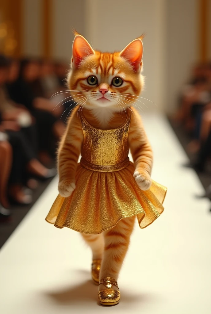 (photorealism:1.2), cute ginger cat, golden greekgod dress, golden heels, walking on the runway