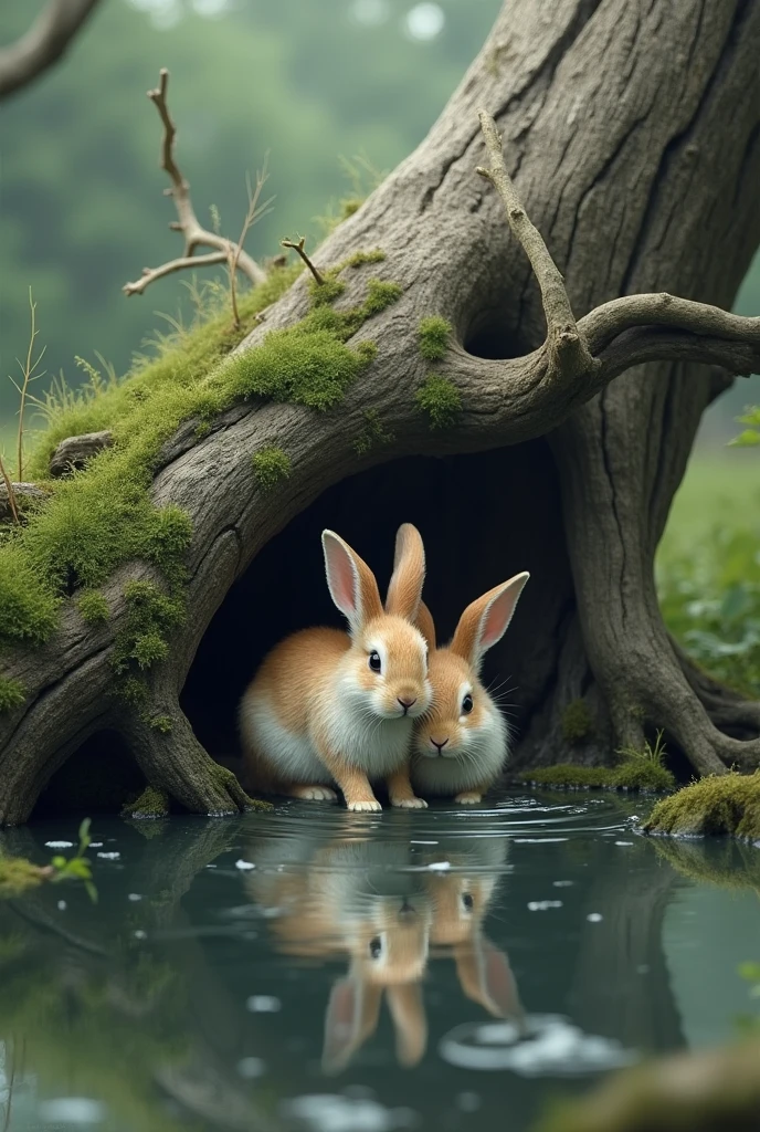 Two rabbits are sheltering in the water on the slope of a broken tree