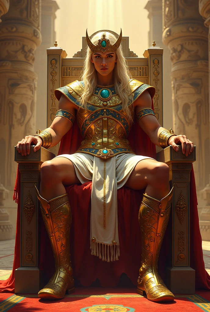 Rich blond ancient Egyptian pharaoh in armor sitting on a throne