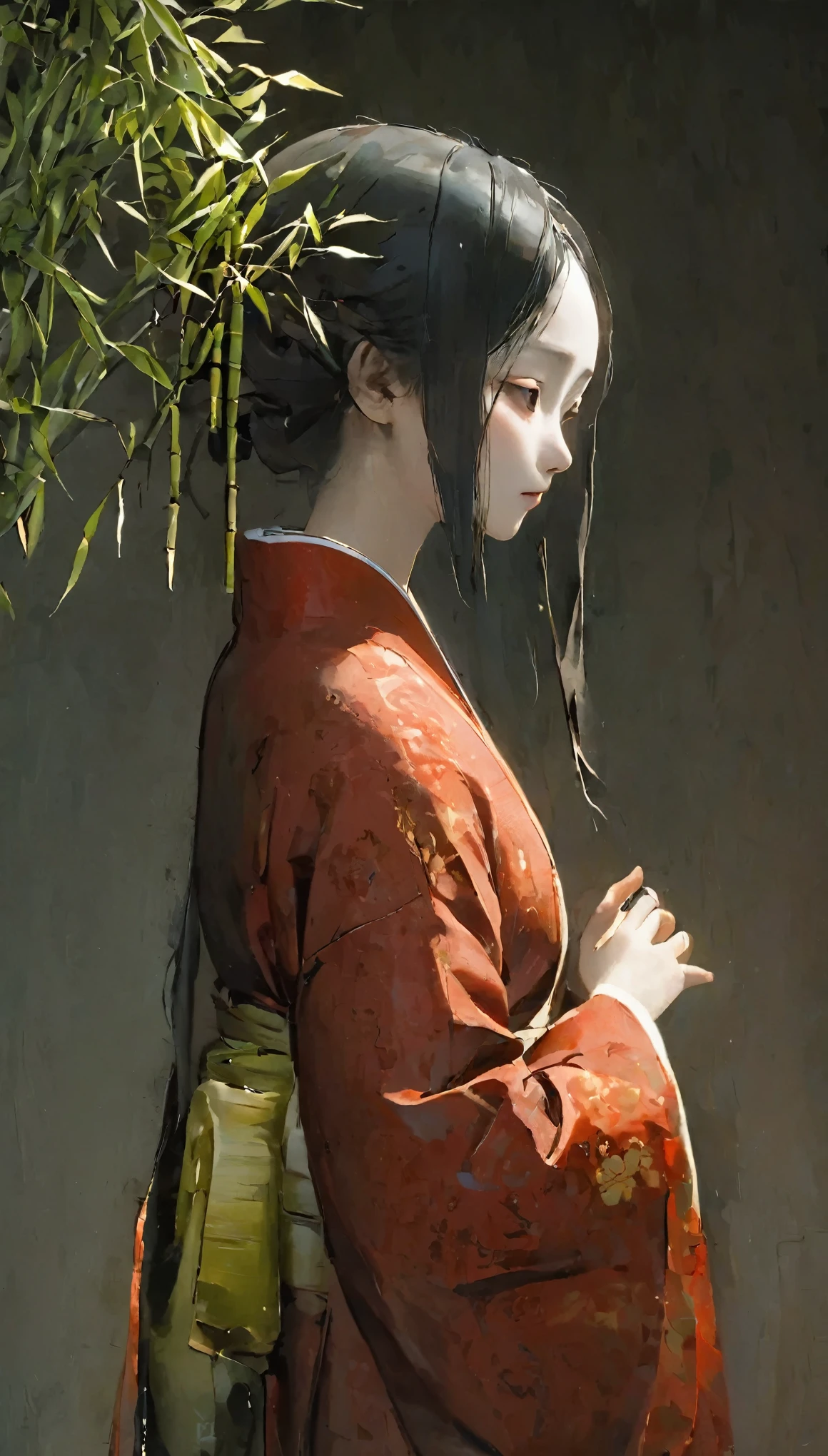 Highest quality, Tabletop, High resolution, Clay work、Dirty clay、Ceramics、Beautiful Wabi-Sabi Art、(((bamboo林に佇む一人の女性)、green豊かなbamboo林、美しいbamboo林))、Grey Eyes、Dark red kimono、((Dark red floral kimono)), (((bamboo林を歩く、Princess Kaguya)))、Tyndall effect, Realistic, Shadow Studio, red lighting, Dual Tone Lighting, (High resolutionスキン: 1.2) Digital SLR, photograph, High resolution, 4K, 8k,bamboo林、bamboo、green、 Background Blur,Beautiful fade out、