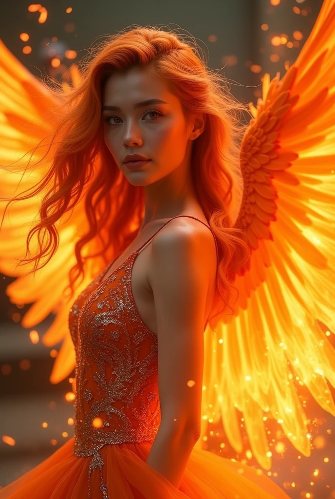 ((masterpiece, highest quality, Highest image quality, High resolution, photorealistic, Raw photo, 8K)), ((Extremely detailed CG unified 8k wallpaper)), (huge stunning goddess shot, very hot and sexy, jaw-dropping beauty, perfect proportions, beautiful body, slim body beauty:1.4), A beautiful phoenix empress, fiery red hair, gazing into the camera with shimmering eyes, surrounded by flames, fire sparks popping, huge wings of fire, wearing a red and gold dress made of flames, nude