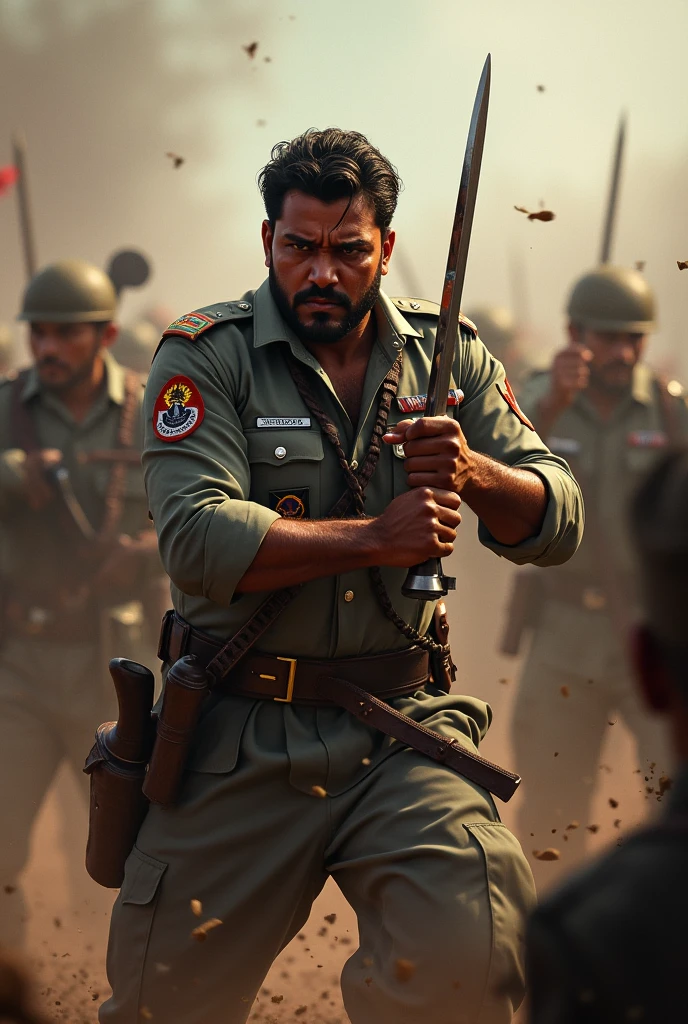 There is a 2 man, he is an Indian soldier, there are many other soldiers around him and he has a sword in his hand, he is fighting with everyone.