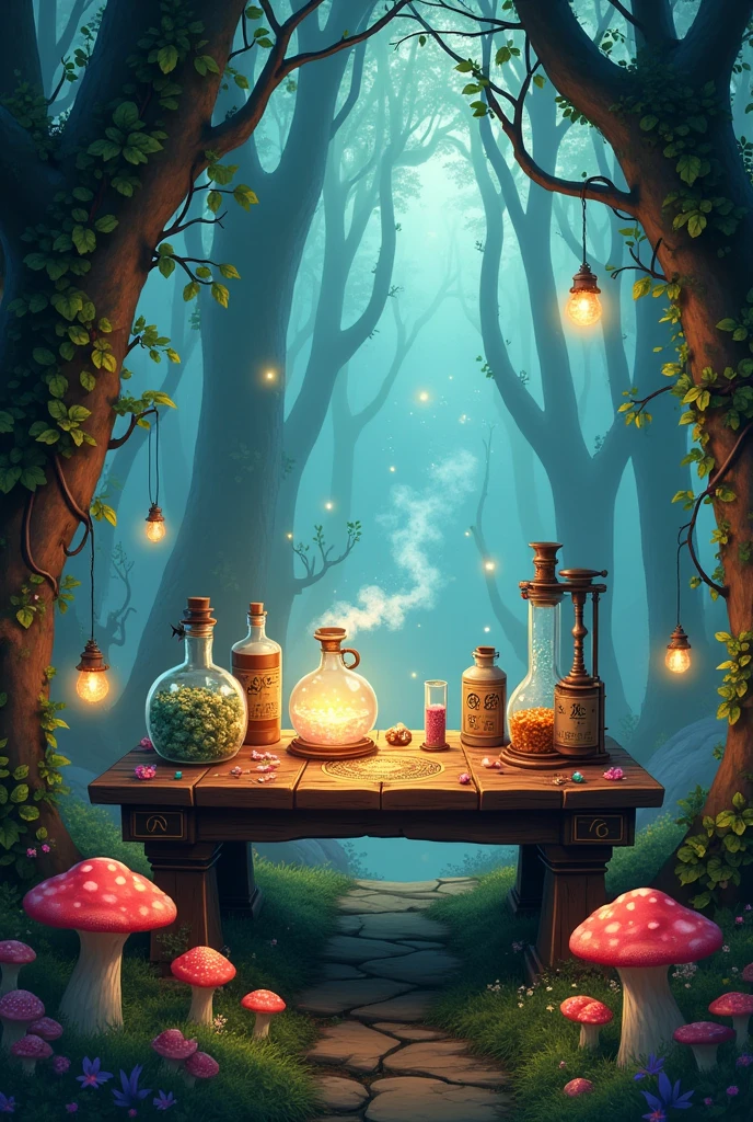 An enchanting book cover for fantasy novel that teaches to brew potions, showcasing a potions theme, magical environment. no persons