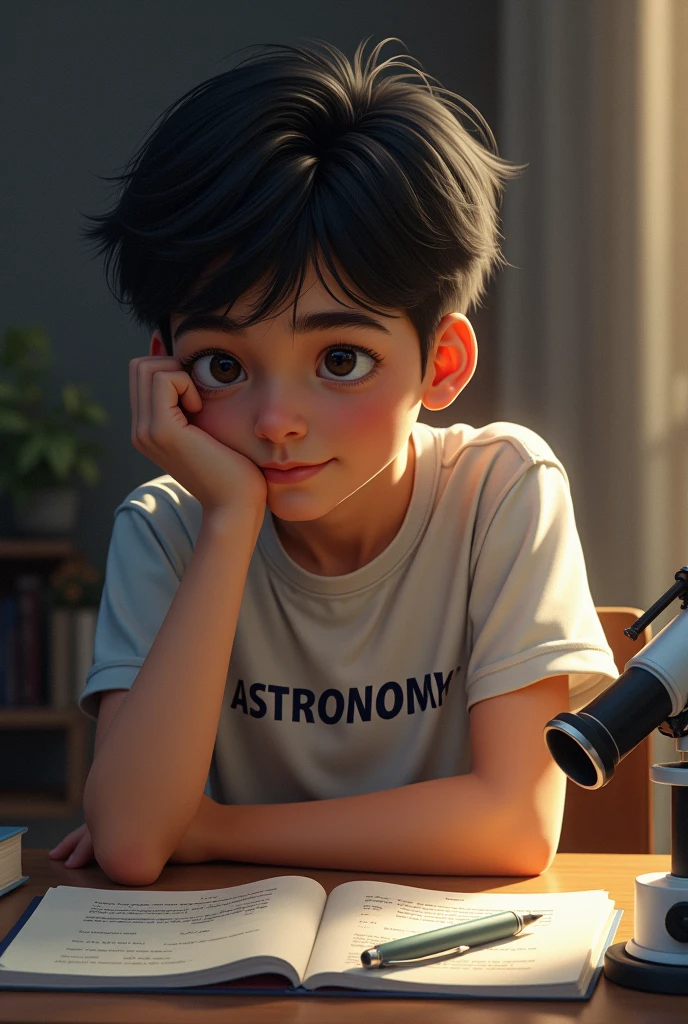 A boy sitting on a chair who weared a t-shirt named Astronomy. A white colour telescope on his table's corner. A book on the table named Psychology.  The boy is looking at the book and solving a trigonometry problem.