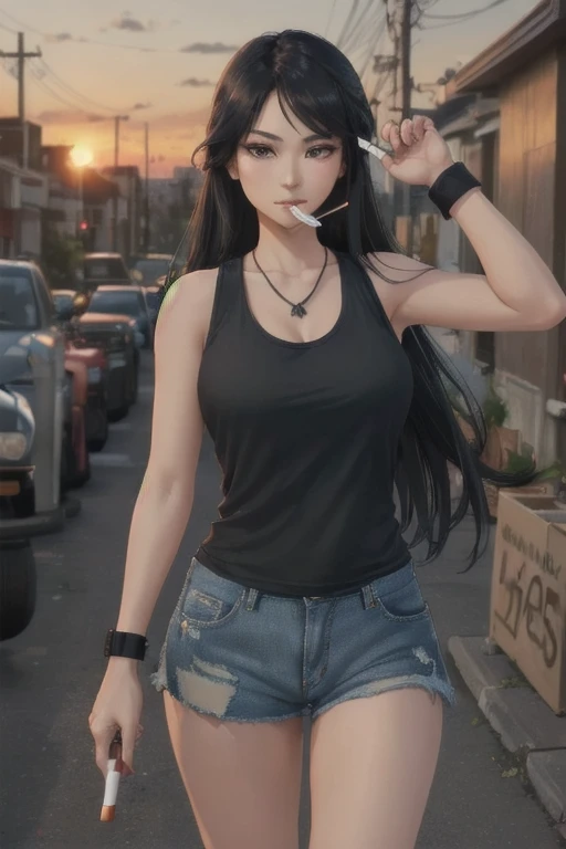 Highest quality,high resolution,２d,(Cel animation style),One woman,30 year old Asian female,(Straight long black hair),((Black tank top)),((Denim shorts)),((1 Shooting a pistol in each hand.3)),(Skull Necklace),Black sneakers,(Beautiful face with a narrow slit 1.3)，Black wristband on left wrist,Beautiful Style,Slender body,(Large Breasts),(((Holding a cigarette))),(Sunset city background 1.3)