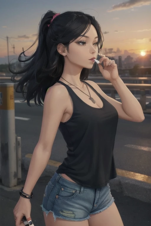 Highest quality,high resolution,２d,(Cel animation style),One woman,30 year old Asian female,(Straight long black hair),((Black tank top)),((Denim shorts)),((1 Shooting a pistol in each hand.3)),(Skull Necklace),Black sneakers,(Beautiful face with a narrow slit 1.3)，Black wristband on left wrist,Beautiful Style,Slender body,(Large Breasts),(((Holding a cigarette))),(Sunset city background 1.3)