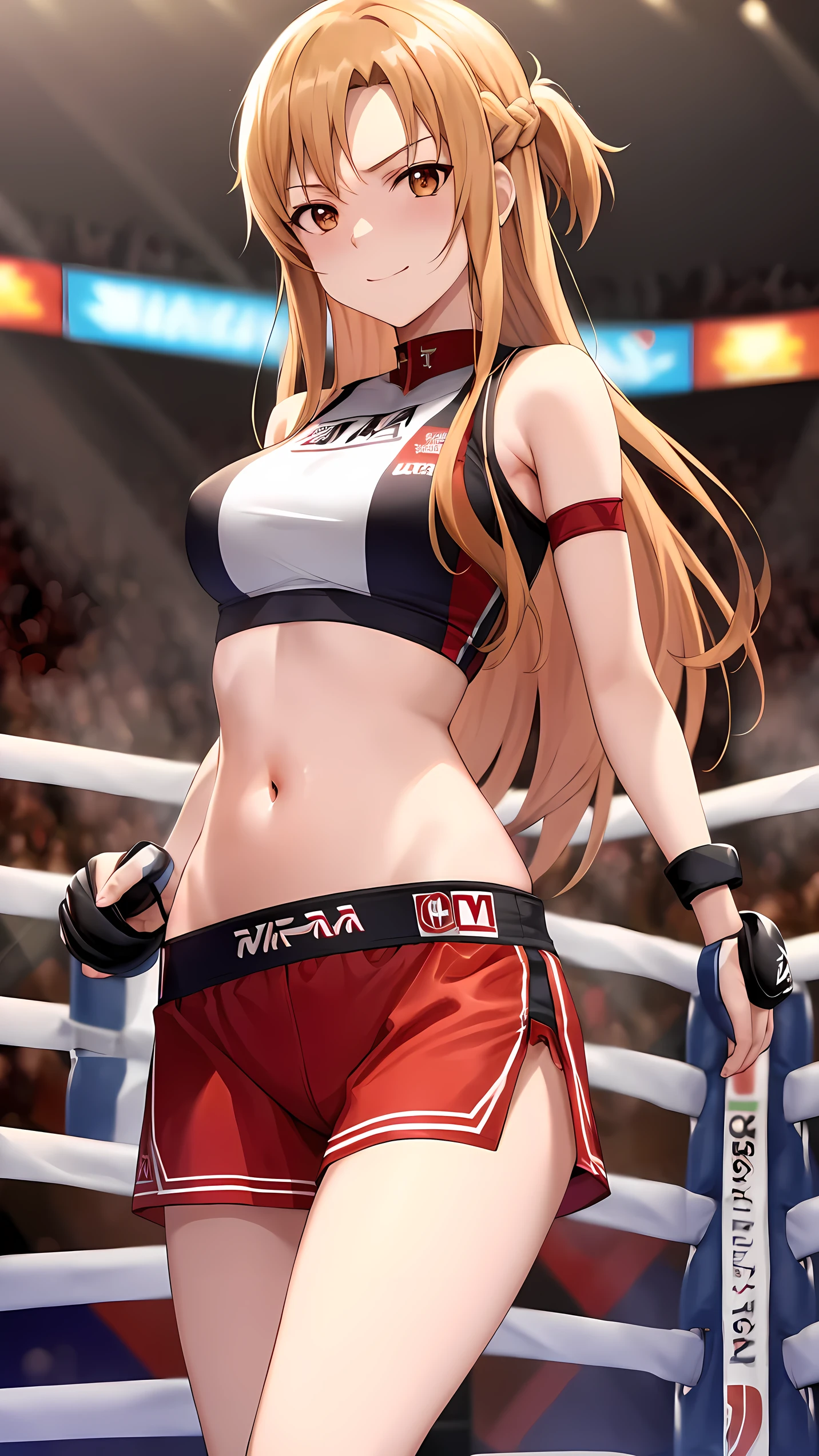 Asuna yuki(Sword Art Online), Dynamic Angle, Long bronze hair,Braiding,Brown eyes,Detailed eyes,Large bust line,(wearing MMA uniform:1.5, thigh, belly button), Roll Forward,Genuine,Her slim legs are really cute.,Very beautiful long legs, Perfect body,Genuine,(Independent),Fighting Pose,(on MMA Arena :1.5),Smirking, From below,winner,Ultra HD,Detailed eyes,Detailed face,Upper Body Shot,