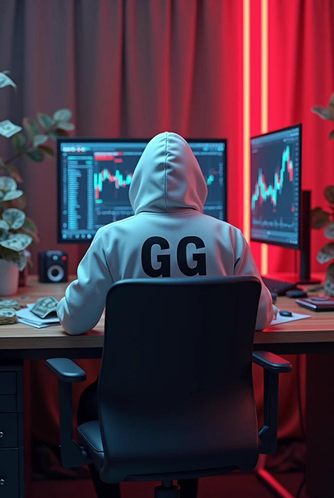 Create a 3d image of a man sitting in trading room on money and working on trading application on his pc the boy face not visible must white hoodie and his name "G G" written on the hoodie. Pic from back side pc monitor visible. And wall up side corner "Day 6" written on red neon light. Imege size 9:16 hd