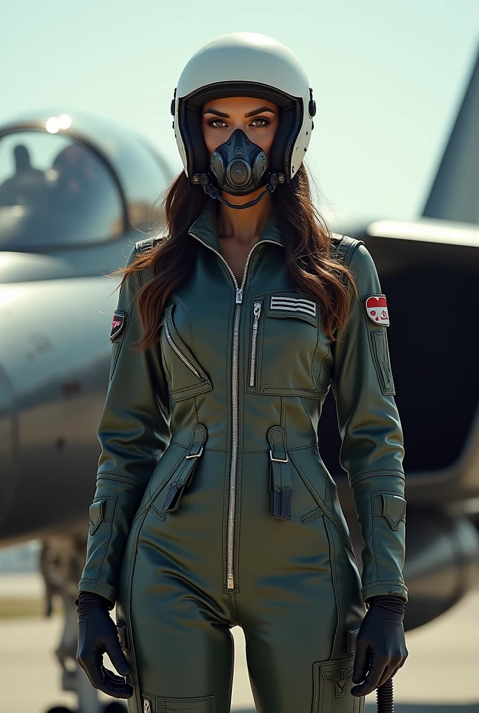 Aishwarya Rai wearing a fighter pilot suit, a pilot helmet and oxygen mask, standing beside a fighter plane, full body view