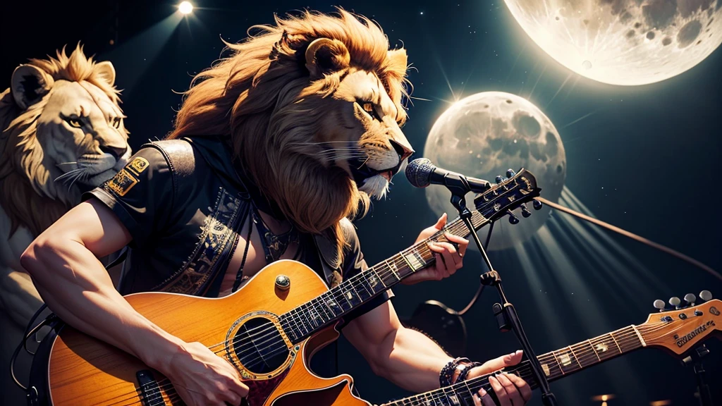 Moonlit night、On Stage、A lion dressed in rock style、Playing the electric guitar、Sing with a stand microphone