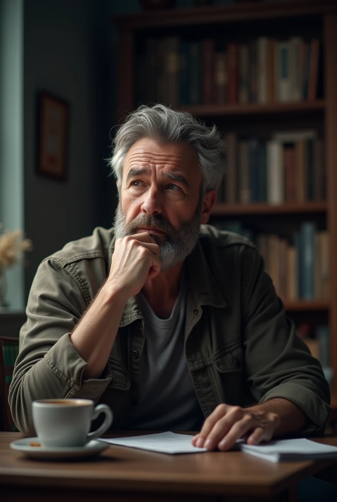 A man thinking about something with his hand on his chin sitting in a room 