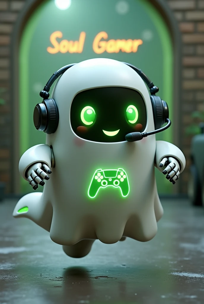 Create a medium-sized robot pet with a ghost-like appearance. Resembling a drop. On his hands he has five well-defined fingers. His facial expression has large, green eyes with a glow, conveying a friendly and cheerful expression. He has a small open mouth with a happy smile and flushed cheeks.. Its body is white with small green details and a smooth, slightly shiny texture.. He has a headset on his head with an adjustable microphone positioned close to his mouth.. And on his chest you can see the illuminated shape of a Playstation 5 controller in fluorescent green.. It floats in the air, as if he were ready for an adventure. Behind the character you can see a portal where it is written "Soul Gamer"