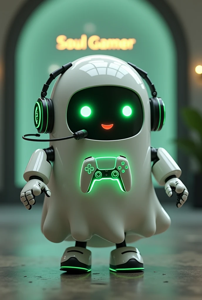 Create a medium-sized robot pet with a ghost-like appearance. Resembling a drop. On his hands he has five well-defined fingers. His facial expression has large, green eyes with a glow, conveying a friendly and cheerful expression. He has a small open mouth with a happy smile and flushed cheeks.. Its body is white with small green details and a smooth, slightly shiny texture.. He has a headset on his head with an adjustable microphone positioned close to his mouth.. And on his chest you can see the illuminated shape of a Playstation 5 controller in fluorescent green.. It floats in the air, as if he were ready for an adventure. Behind the character you can see a portal where it is written "Soul Gamer"
