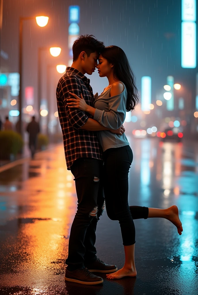 Photo taken from wide angle. Full body. A striking and highly detailed image of a young Korean couple. The man carries the woman with both hands and the woman hugs the man romantically on the side of a busy night street. ( romantic lift hug ) full body photo. They looking at viewer. The men wear flannel shirts, ripped black jeans with casual shoes, while the women wear stylish tunics and fitted black pants with no shoes. The city lights and traffic lights illuminated the surroundings, emitting a warm and inviting glow. Dramatic scene. Dramatic light. Rainy conditions. The couple's expressions convey deep connection and passion, as they share intimate moments in a dynamic urban setting.