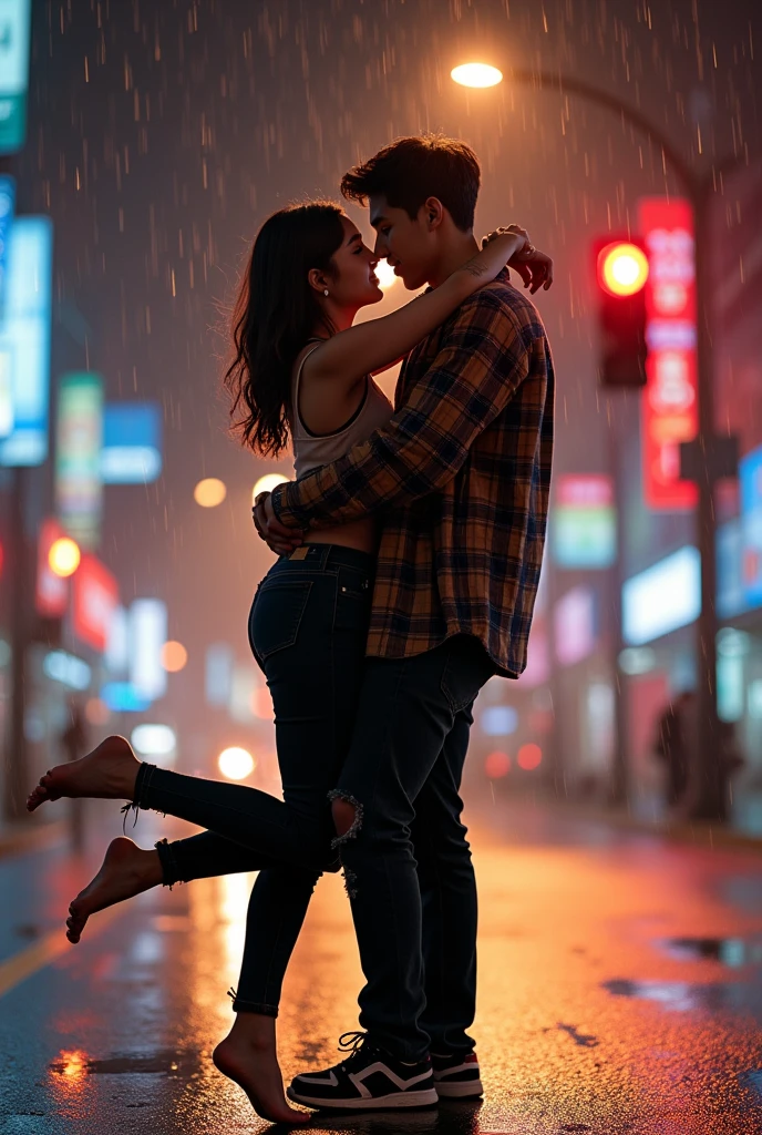 Photo taken from wide angle. Full body. A striking and highly detailed image of a young Korean couple. The man carries the woman with both hands and the woman hugs the man romantically on the side of a busy night street. ( romantic lift hug ) full body photo. They looking at viewer. The men wear flannel shirts, ripped black jeans with casual shoes, while the women wear stylish tunics and fitted black pants with no shoes. The city lights and traffic lights illuminated the surroundings, emitting a warm and inviting glow. Dramatic scene. Dramatic light. Rainy conditions. The couple's expressions convey deep connection and passion, as they share intimate moments in a dynamic urban setting.