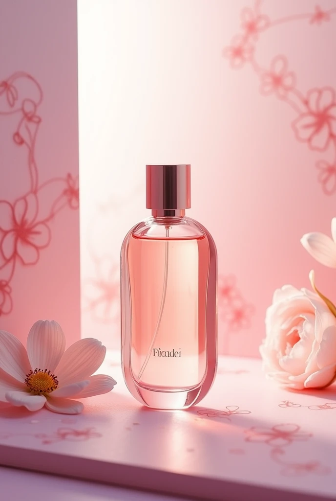 Create me a poster of a attractive perfume bottle without name on it for launching new perfume in the market. The background needs to be muave pink and muave floral which expresses a intense yet girly scent