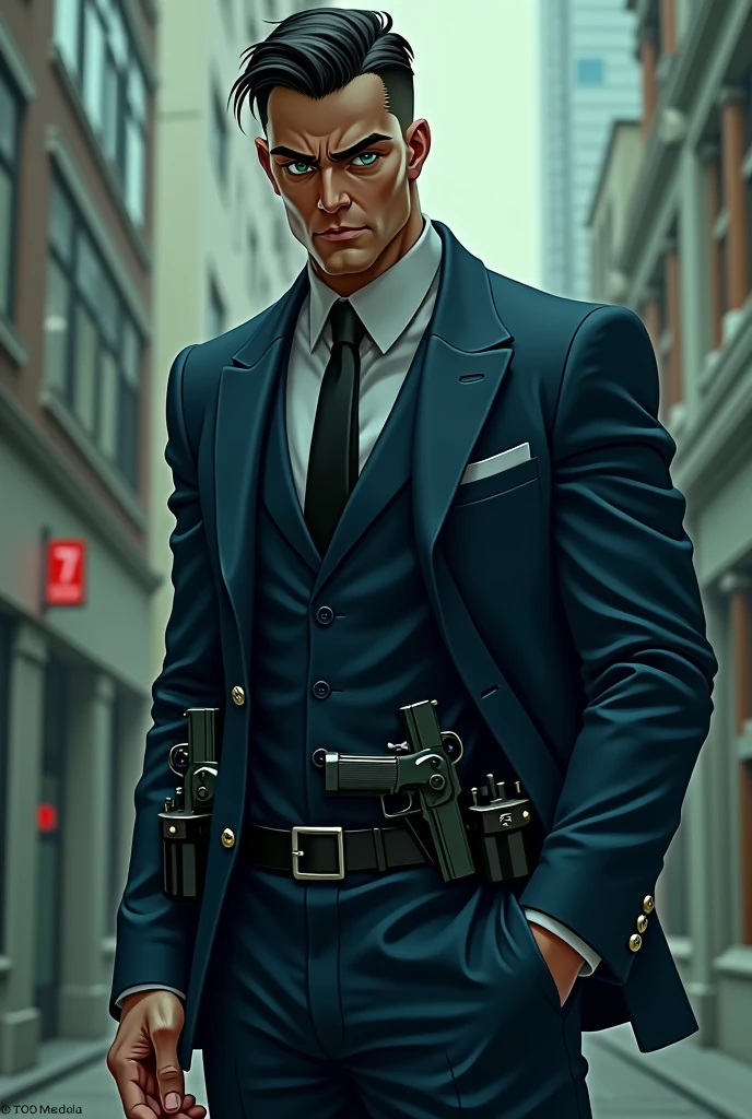 Create a mystery police man, de 1,90 meters, strong and slender, like an MMA fighter, with short black hair, upset, deep dark green eyes, with a suit fitted to the body, holster with two guns under the blue suit.