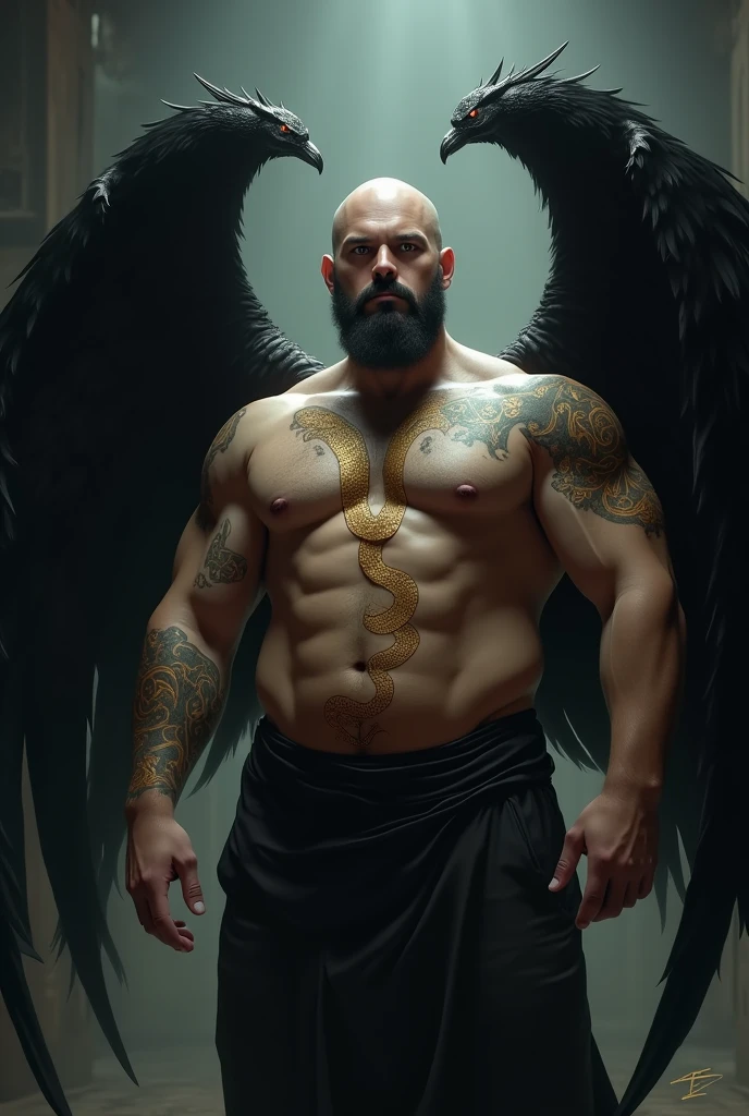 "A tall, imposing man, with a bald head, well-trimmed black mustache and goatee, and piercing golden eyes, is shirtless in a dark chamber. He has a robust physique, with broad shoulders and a 'dad belly'. A golden snake tattoo starts at the pelvis, rising through the abdomen and curling up to the arm. Black Ebony Wings, with glass tips, emerge from their backs, reinforcing its dominant presence.
