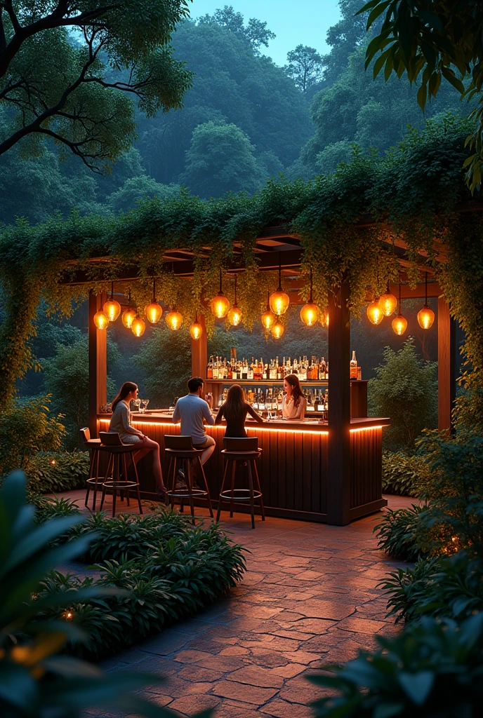 A cocktails bars that in middle of garden having slight neon light and decoration light middle of the night