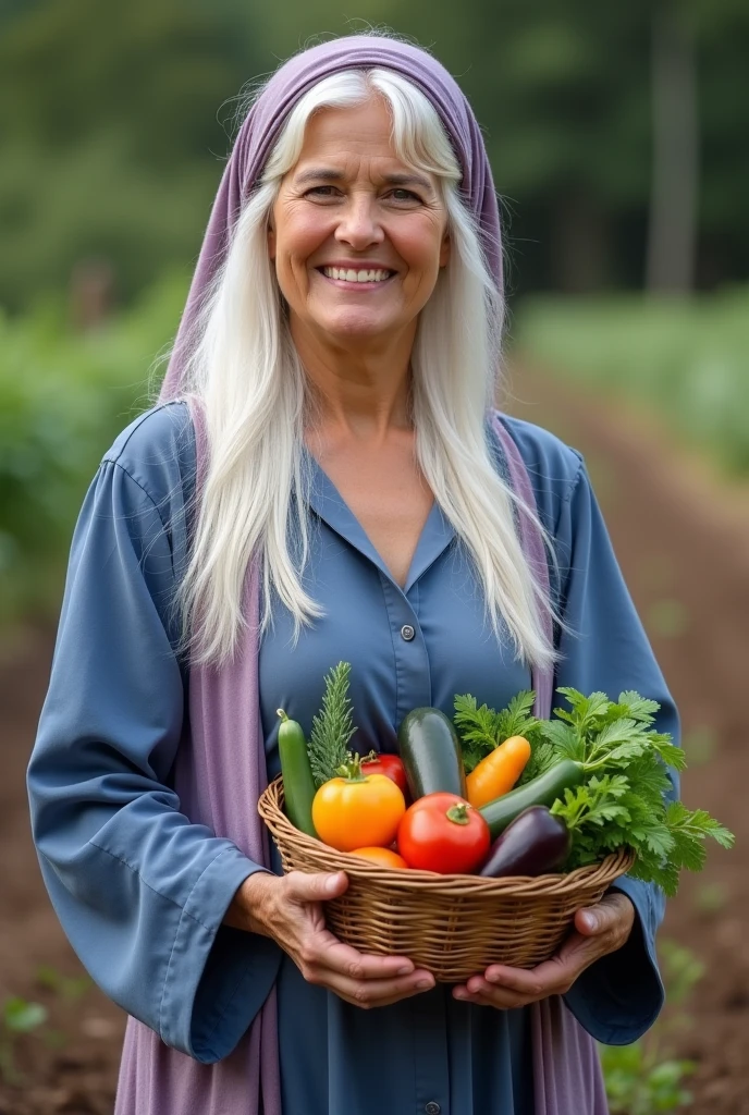 Realistic photo of woman with long white hair, from age to 45 years,wearing a dark blue and lilac long-sleeved flowing dress,wearing a headscarf covering her hair smiling holding a fiber basket with fresh vegetables from the land