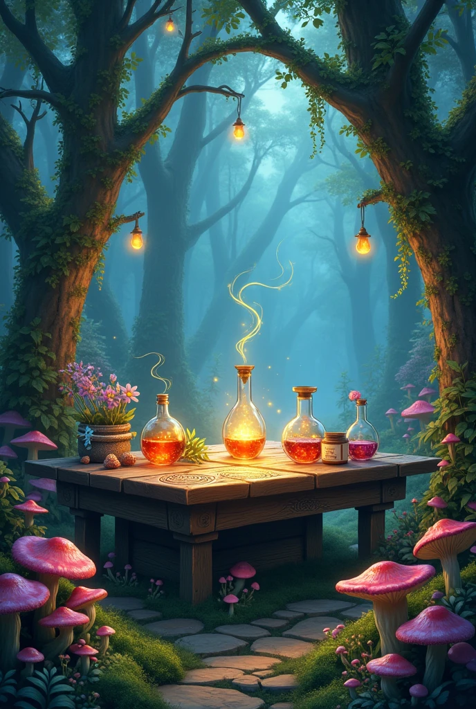 An enchanting book cover for fantasy novel that teaches to brew potions, showcasing a potions theme, magical environment. no persons