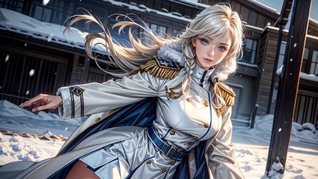 (highest resolution, distinct_image), realistic, Best quality, single person, one girl, solo, masterpiece, highly detailed, realistic, long hair, braided white blond hair, (blue military uniform underneath the coat), depth of field, (falling snow), ((big breasts)), authoritative, dignified, calm and powerful expression, ambient lighting, exquisite facial feature, (fur-trimmed white coat), open coat, short skirt, looking at viewer, head to waist, dynamic angle, light smile, ((from front)), ((quiet and spacious plaza in background))