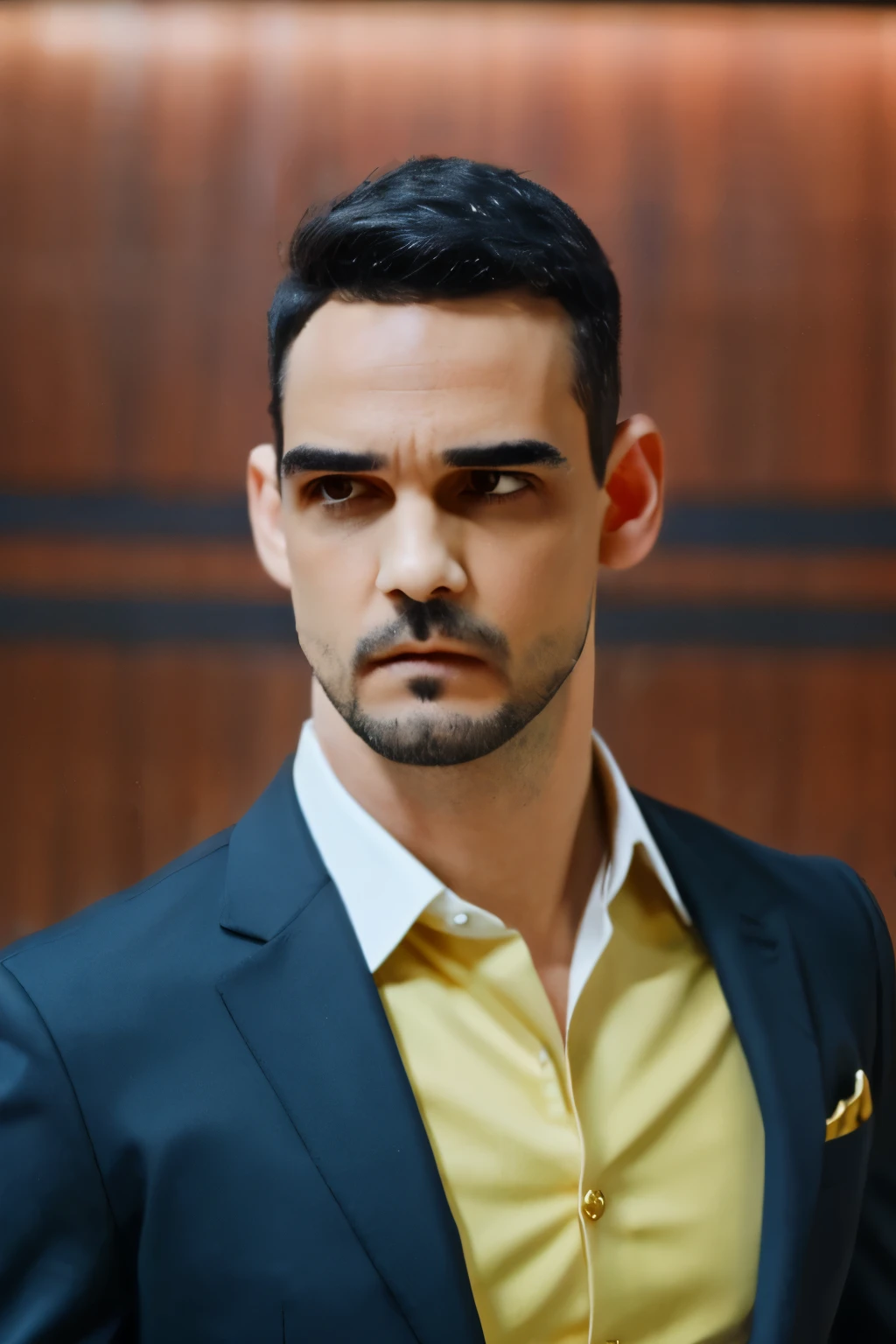 Wtruffa A strong man with Cut Black hair, muscle.  Eyebrows a little thin, eyelashes a little long, has light skin. It is masculine, has a serious facial expression. ((he wears a Black suit with gold details))). The background is an elegant and luxurious , silver colour 