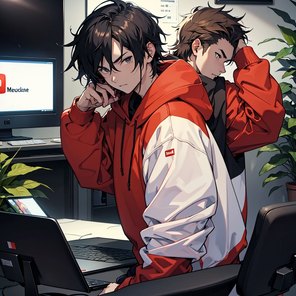 Create a image of "A 18 years anime boy, sitting in front of a computer desk with a microphone and laptop, wearing black and red hoodie with the Channel Name on it "Slow Processer". The background includes a large YouTube logo on the wall,

potted plants on either side,

and various recording equipment.

