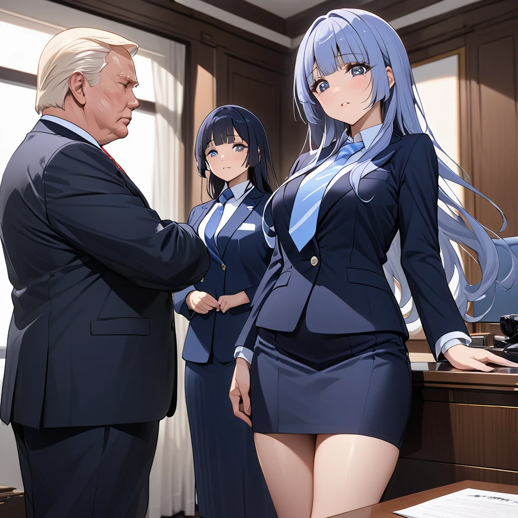 ((Highest quality)), ((masterpiece)), (detailed), （Perfect Face）、The woman is Reika Aoki with semi-long hair、The woman is a secretary to the president of a large company, wearing a high-end suit and a high-end long tight skirt and standing next to the president.