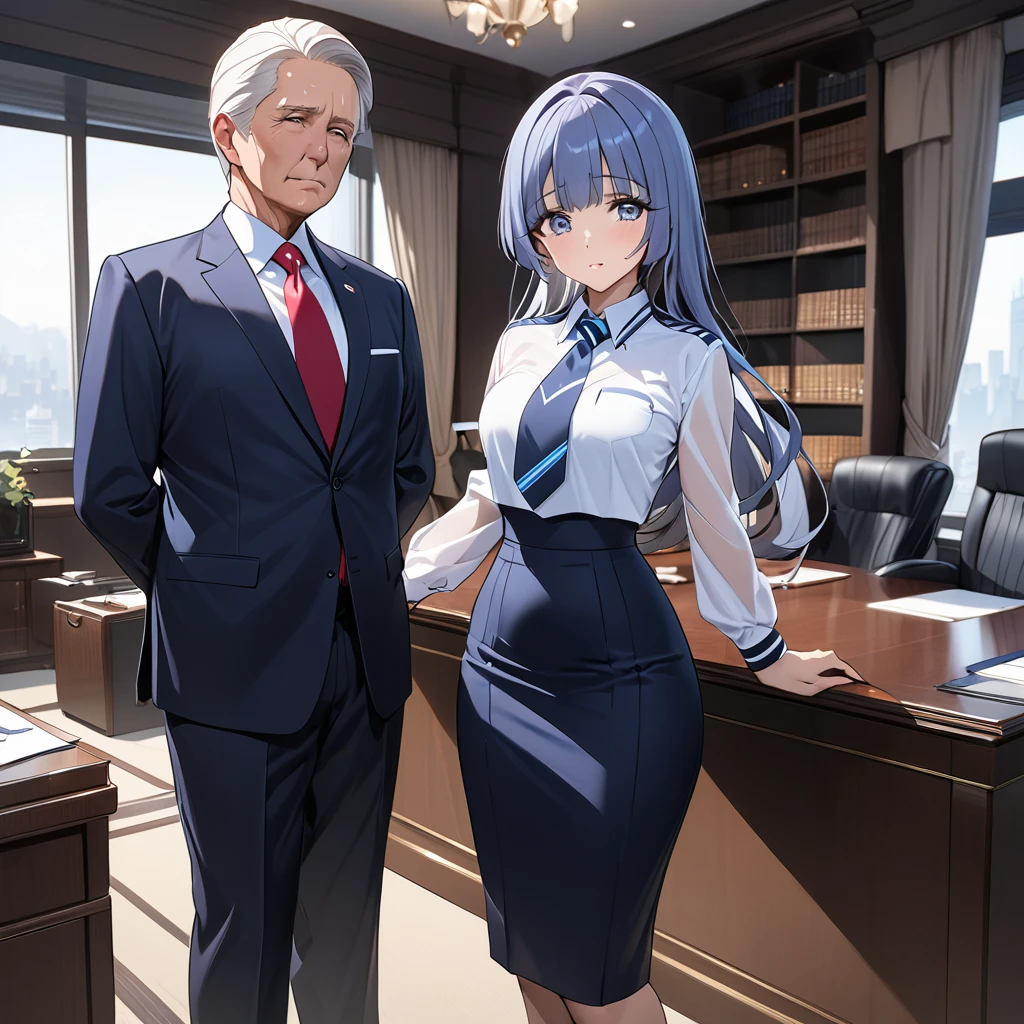 ((Highest quality)), ((masterpiece)), (detailed), (Perfect Face)、The woman is Reika Aoki with semi-long hair、The woman is a secretary to the president of a large company, wearing a high-end suit and a high-end long tight skirt and standing next to the president.