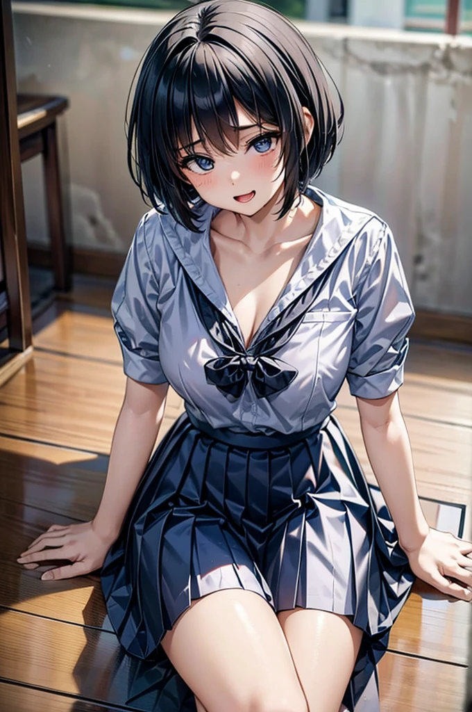 Tomboy girl wearing a Thai school uniform, Undercut hair like a boy but the body has curves that look sexy like a woman, making an ahegao face, sitting on the floor looking up.