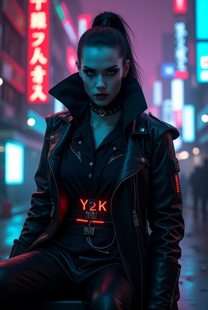 A thin girl, dark hair cut in a rough shag. With reflective lenses inserted into the eyes. Polished burgundy nails against white, slender, tapered fingers. Wearing, black leather, open over a T-shirt slashed diagonally with stripes of red and black; leather jeans the colour of dried blood. In a cyberpunk city.