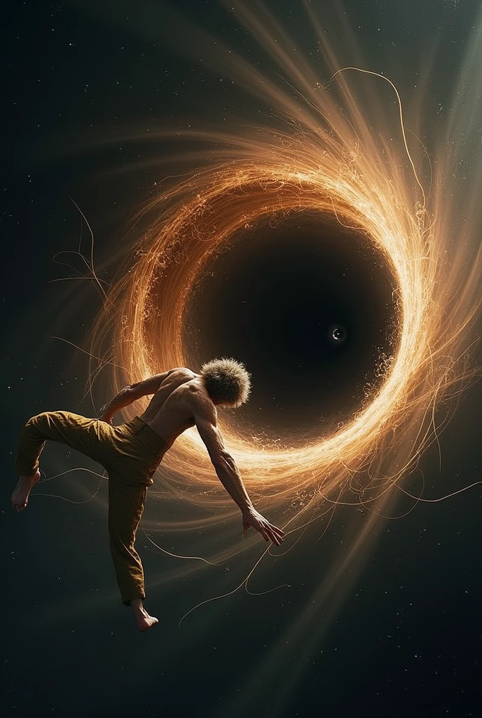 Person being sucked into a black hole like spaghetti all over his body