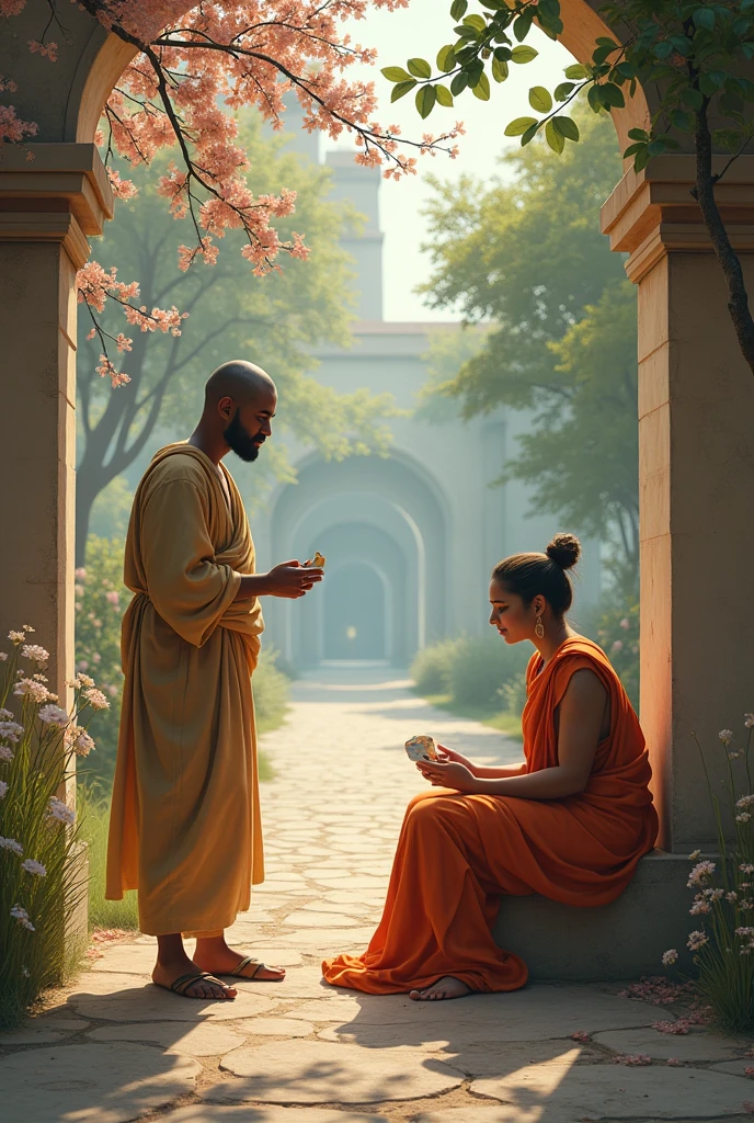 It is spring time in the old city of mathura in 3rd century BC. A young monk dressed in sage clothes is walking out of the city gates of Mathura and the streets are lonely.Trees are filled with blossom flowers and koels are sitting on the trees.Outside the city gates a mango groove is there. Under that tree, a woman is sitting and she is having small pox and looks very ugly. The young monk sat down and placed the woman’s face on his lap and put balm on her body.