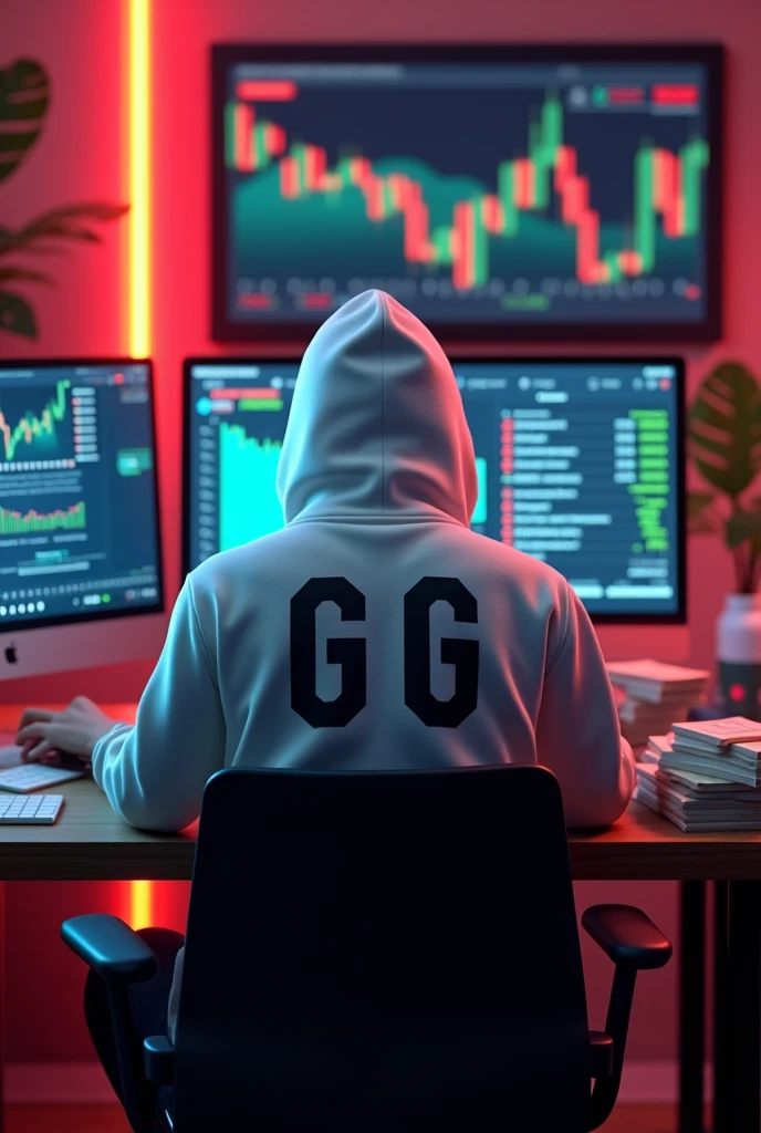 Create a 3d image of a man sitting in trading room on money and working on trading application on his pc the boy face not visible must white hoodie and his name "G G" written on the hoodie. Pic from back side pc monitor visible. And wall up side corner "Day 6" written on red neon light. Imege size 9:16 hd