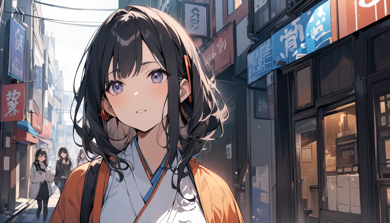 Black-haired woman looking this way,Streetscape、listen to music、Japanese