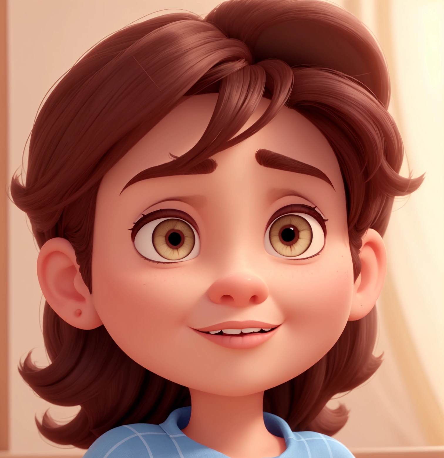 A beautiful woman inspired by Disney Pixar animation, up close. The character is the center of attention with captivating facial expressions. He has short, dark brown eyes and hair.. normal clothes.