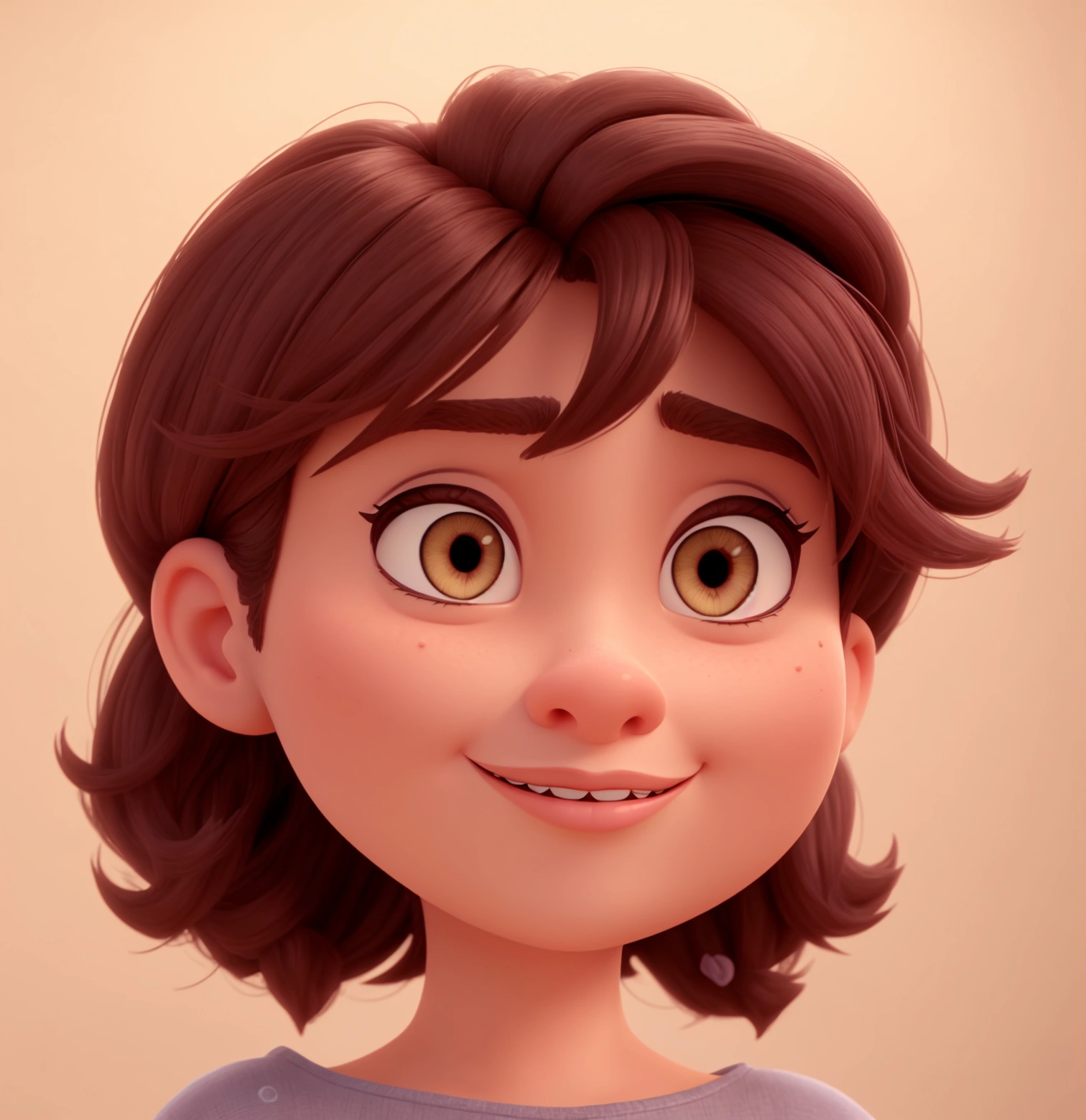 A beautiful woman inspired by Disney Pixar animation, up close. The character is the center of attention with captivating facial expressions. He has short, dark brown eyes and hair.. normal clothes.