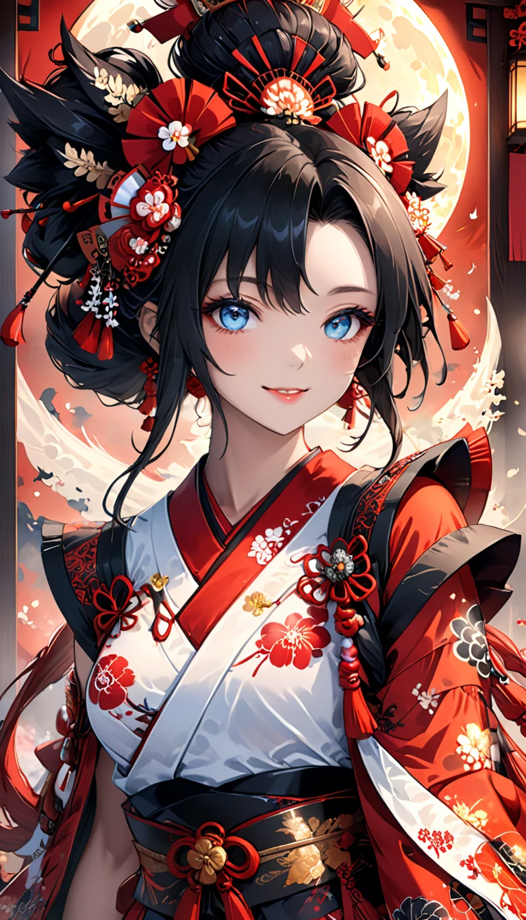 Ink painting, (((1 girl))), (((Tattoo in the middle of the forehead))),(((In the background is the Akatsuki moon))), (((Oiran))), (((Great hair accessories))), Demon possession, ((Masterpiece:1.2)), ((Highest quality)), (((Upper body covered))), Extremely detailed and delicate illustration style, Detailed leather texture, Detailed canvas texture, Very detailed description, (Masterpiece T), Extremely beautiful illustration, Highly detailed face, Raw image, professional, Ultra-high resolution panel, Complex details, Superior detail, Intricate decoration details, Perfect anatomy, real, figure、Blush,He smiles、Red poetry、long hair、usual clothes、Combat uniform、Visible collarbone、Beautiful feet、usual hairstyle、Highest quality, High accuracy, Unity wallpaper 8k, (figure:0.8), (Beautiful and beautiful eyes:1.6), Highly detailed face, Perfect lighting, Highly detailed CG, (Perfect hands, Perfect anatomy),