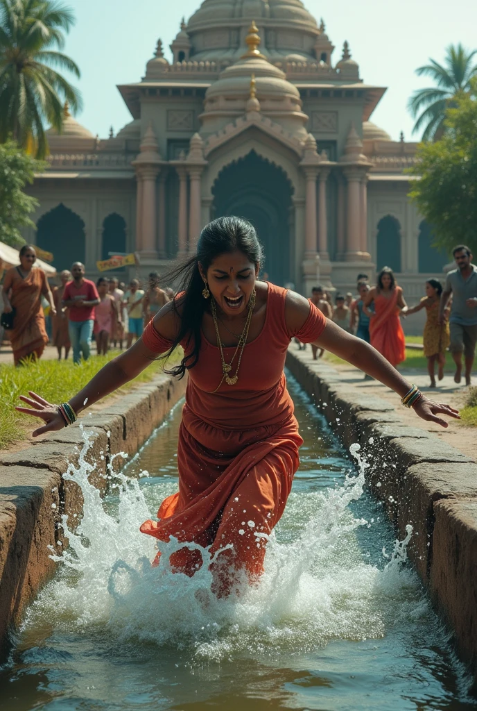 Create a realistic image of a 45.year old Indian woman, standing near a sinkhole on the grounds of the Temple. She should be shown being swept away by the strong water current, with her feet or legs being pulled into the sinkhole. People in the background should be shocked and trying to rescue her. The temple's architecture and surroundings should be accurately depicted. Use a mix of realistic and artistic styles to convey a sense of urgency and drama.